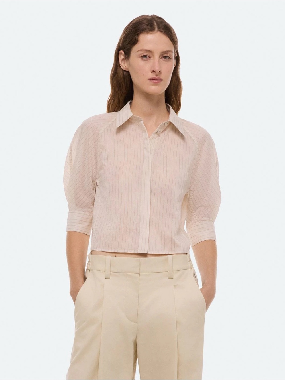 NWT Helmut Lang Cropped Button-Front Blouse in Cream Stripe